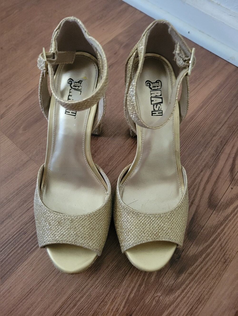 Brash Gold Glitter Ankle-Strap Peep-Toe Platform Heels